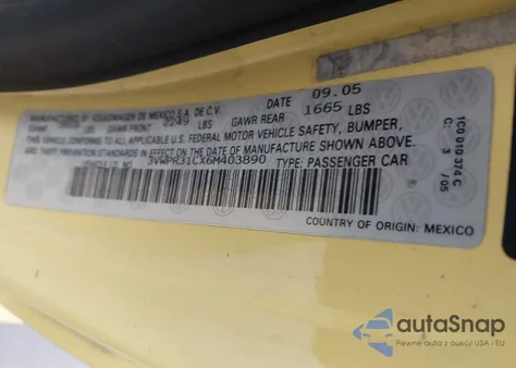 2006 Volkswagen New Beetle Tdi from USA, damaged, VIN 3VWPR31CX6M403890